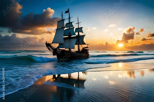view of turbulent swells of a violent ocean storm, inside a glass bottle on the beach ม dramatic thunderous sky at dusk at center a closeup of large tall pirate ship with sails, breaking light