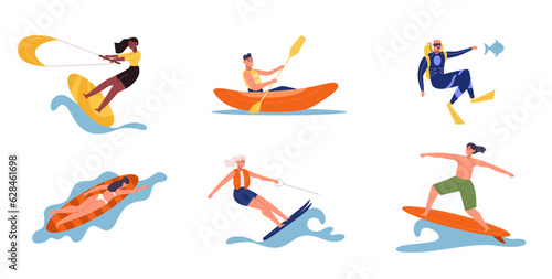 Beach and water activities people, surfing and kiting