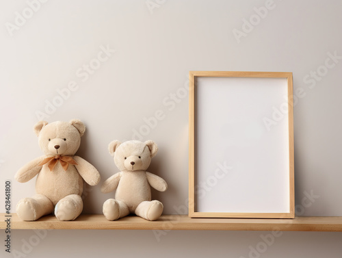 Kids room interior mockup, empty wall, wooden shelf and soft toys, wooden photo frame Generative ai