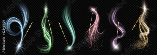 Tela Magic wand with wizard spell sparkle light vector