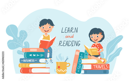 Cartoon children boy and girl read books and leaning