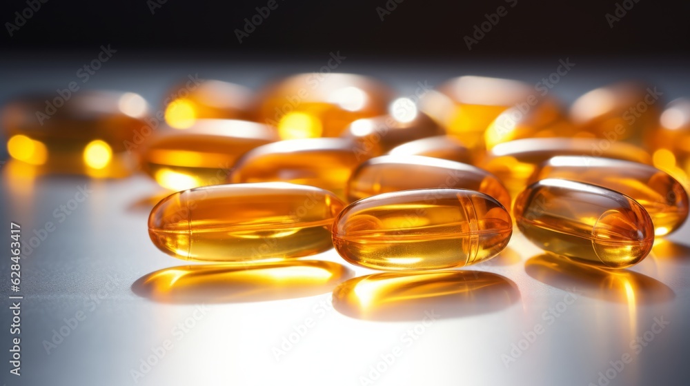 Omega 3 yellow capsules closed up on the table. Omega 3 yellow capsules closed up on the table.