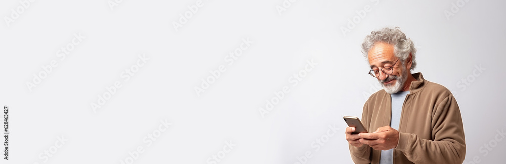 Elderly smiling man looking at smart phone. Senior using technology. Space for text. Elderly smiling man looking at smart phone. Senior using technology. Space for text.