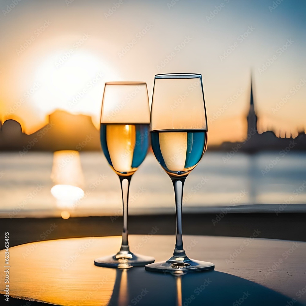 Glasses of wine or champagne at evening with cityscape view at sunset, romantic couple time, wedding party, generative AI