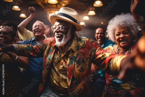 Happy elderly people dancing in disco club celebrating something.