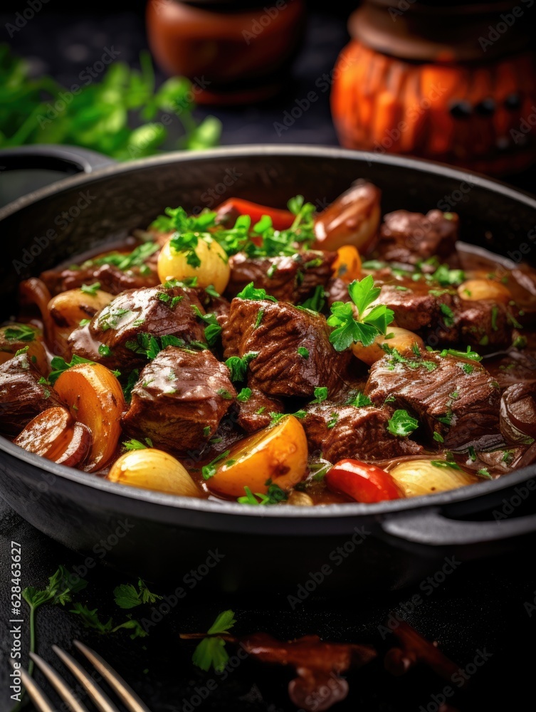 Indulgent Temptations: Classic Beef Bourguignon in Luxurious Close-Up | Gourmet High-End Food Photography with Dramatic Lighting Indulgent Temptations: Classic Beef Bourguignon in Luxurious Close-Up | Gourmet High-End Food Photography with Dramatic Lighting