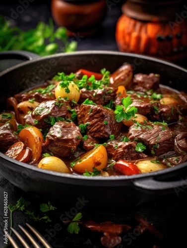 Indulgent Temptations: Classic Beef Bourguignon in Luxurious Close-Up | Gourmet High-End Food Photography with Dramatic Lighting