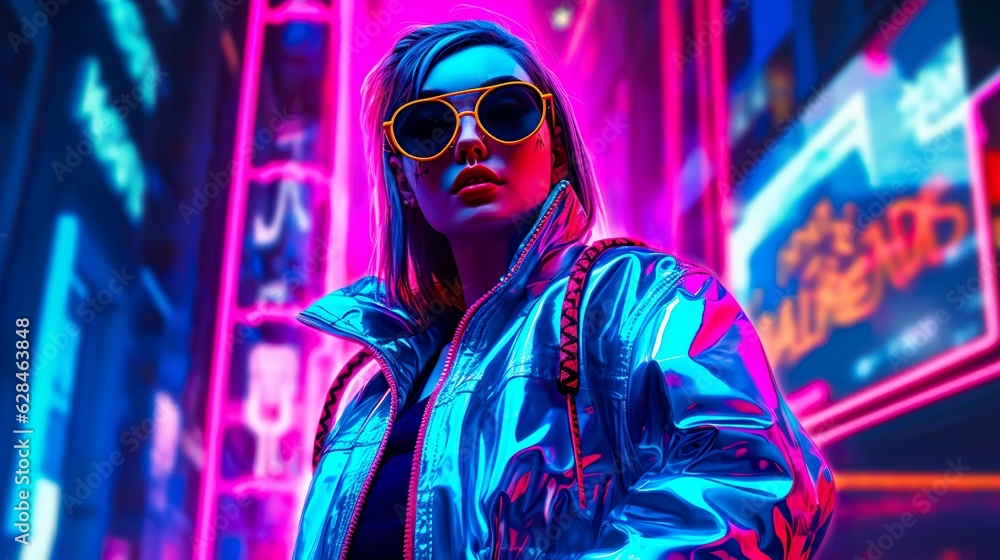 2023 era fashion cyberpunk girl made of argon, pop colors, neon-lit cityscape, Generative AI 2023 era fashion cyberpunk girl made of argon, pop colors, neon-lit cityscape, Generative AI