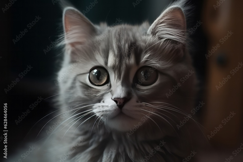 Cute grey little fluffy kitten looks to the camera. Close-up Cute grey little fluffy kitten looks to the camera. Close-up