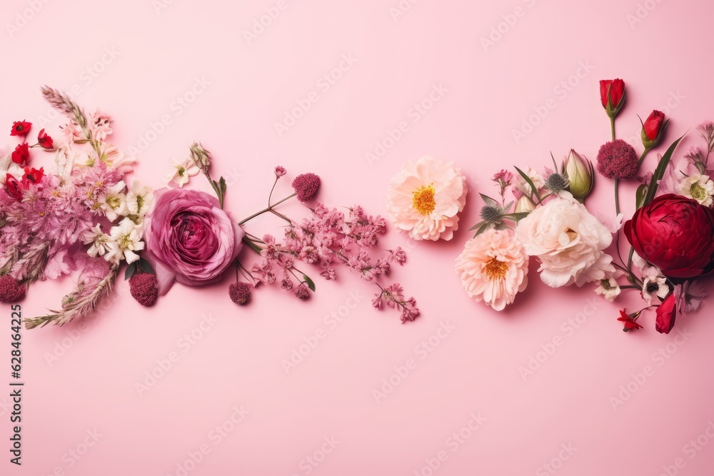 Assorted pink flower border on pink background, flat lay, Generative AI
