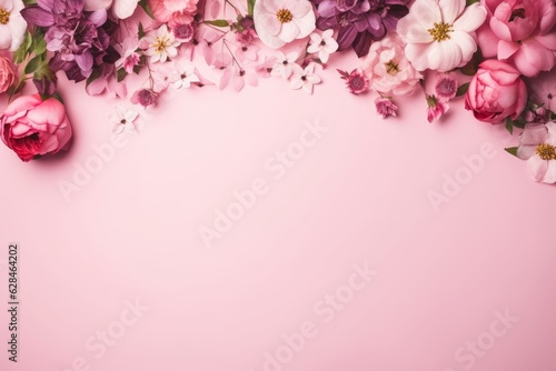 Assorted pink flower border on pink background, flat lay, Generative AI © Dream Big Studios