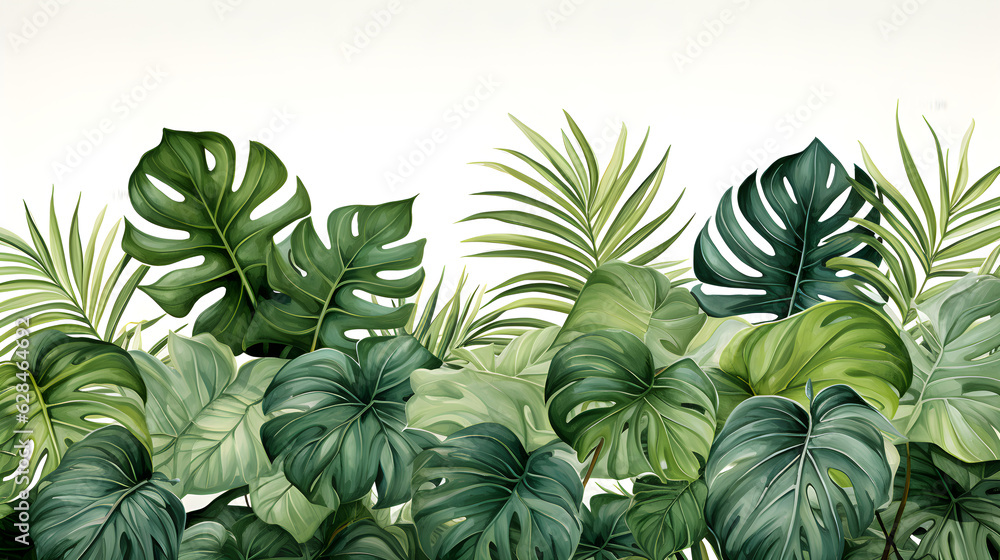 Tropical leaves watercolor background created with Generative AI technology Tropical leaves watercolor background created with Generative AI technology