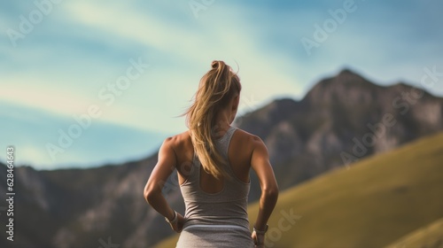 woman turning back fitness in the mountains aesthetic image. Generative AI