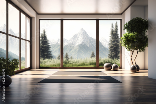 Generative AI. Yoga studio space. Clean bright white yoga studio gym interior , window and mountain view. 
sport equipment for meditating or sport exercises close up