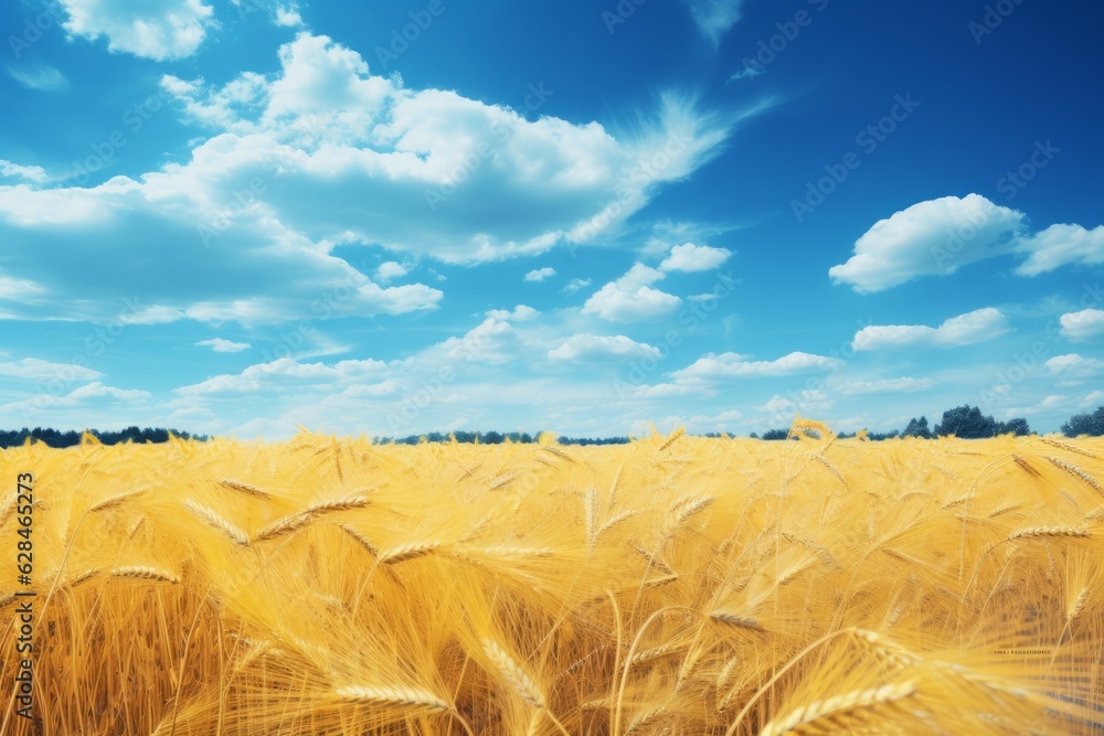 Yellow agriculture field with ripe wheat and blue sky with clouds over it. Field has colors of Ukraine flag with a harvest