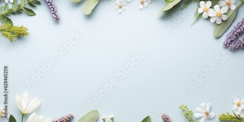 Spring flower frame on blue background copy space flat lay mock up, Generative AI