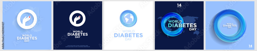 World Diabetes Day Greeting Card Posters with 3d Abstract Circle Diabetes symbol, with hand for blood sugar testing on blue and white backgrounds. Set of Creative Diabetes Day Vector Illustration. EPS World Diabetes Day Greeting Card Posters with 3d Abstract Circle Diabetes symbol, with hand for blood sugar testing on blue and white backgrounds. Set of Creative Diabetes Day Vector Illustration. EPS