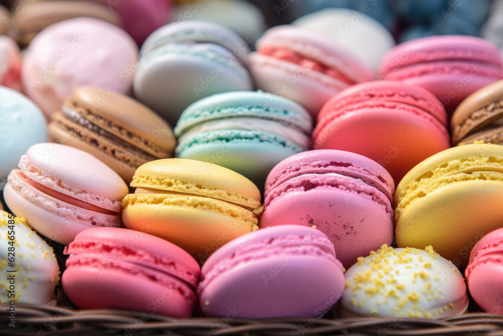Colorful macarons in a woven basket. The macarons come in various colors such as pink, yellow, green, blue, and brown and have different fillings such as chocolate, vanilla, and fruit Colorful macarons in a woven basket. The macarons come in various colors such as pink, yellow, green, blue, and brown and have different fillings such as chocolate, vanilla, and fruit