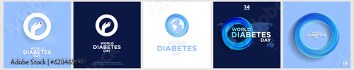 World Diabetes Day Greeting Card Posters with 3d Abstract Circle Diabetes symbol, with hand for blood sugar testing on blue and white backgrounds. Set of Creative Diabetes Day Vector Illustration. EPS