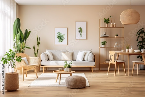 Friendly interior style. living room. Wall mockup. Wall art. 3d rendering  3d illustration Generative AI