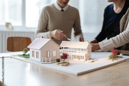 House model on the table with people on background in building design studio. Architecture project discussion