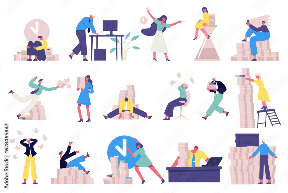 Deadline office work. Unorganised rushing office characters, time management vector illustration set