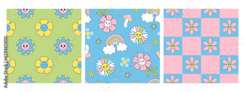 Collection of seamless patterns with cute smiling flowers. Vector graphics.