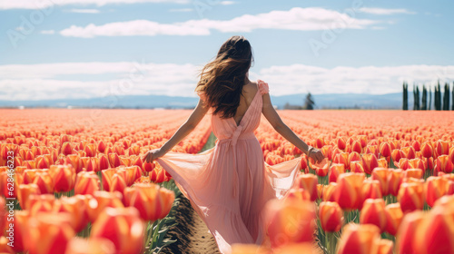 Fototapeta Naklejka Na Ścianę i Meble -  woman in a field of tulips