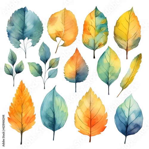 Watercolor leaves ioslated on white background created with Generative AI technology