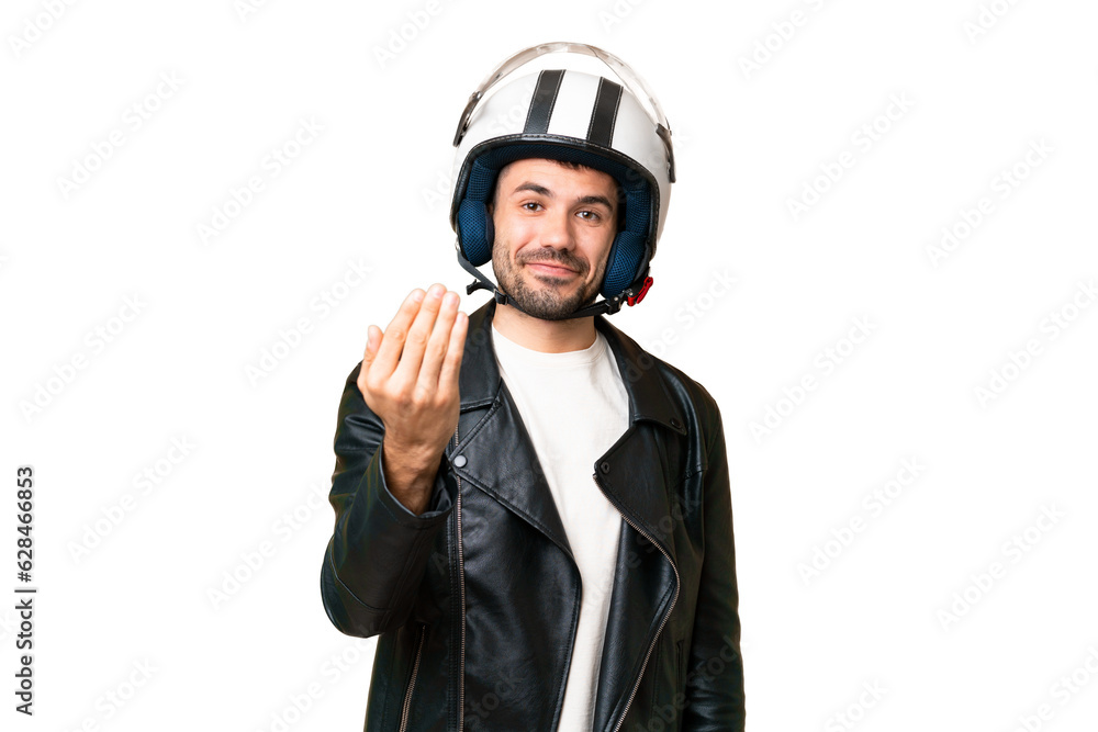 Young caucasian man with a motorcycle helmet over isolated chroma key background inviting to come with hand. Happy that you came Young caucasian man with a motorcycle helmet over isolated chroma key background inviting to come with hand. Happy that you came