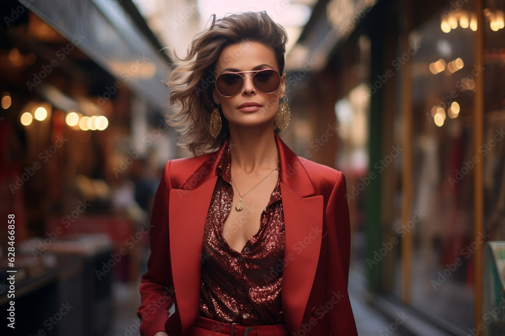 Beautiful woman model dressed in red fashionable clothes on an urban background, in the style of high fashion magazines. Generative ai.