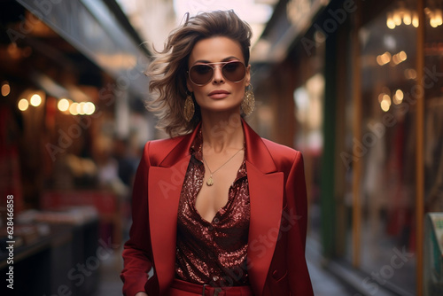 Beautiful woman model dressed in red fashionable clothes on an urban background, in the style of high fashion magazines. Generative ai. © Dasha Yurk