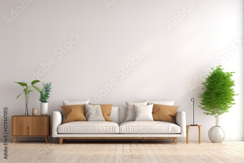 White minimalist living room interior with sofa on a wooden floor, decor on a large wall, white landscape in window. Home Nordic interior   Scandinavian interior poster mock up,Generative AI. © Azar