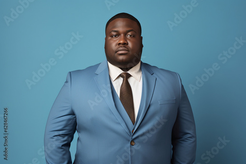 serios plus sized black man in a business suit on a blue background
