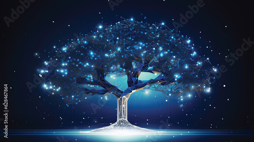 Concept of network connection technology or big data, blue cyber polygonal tree with futuristic elements.GenerativeAI.