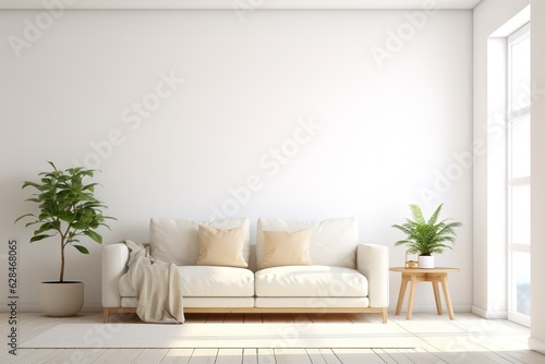 Bright living room interior with white empty wall | Beautiful contemporary living room home interior | Modern kitchen and modern living room in white interior design, Generative AI. © Azar