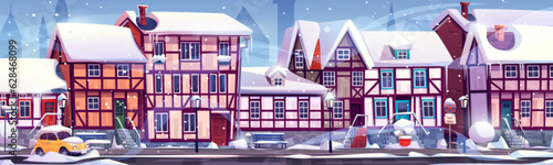 Winter germany medieval town street cartoon vector landscape. Ancient old europe city building with bavaria cottage exterior. Falling snow on historical mansion. Front view on snowy france village