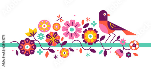 Png  in simple flat geometric and linear style in bright colors -  with decorative flowers, leaves and bird with copy space for text - design  for wedding invitations