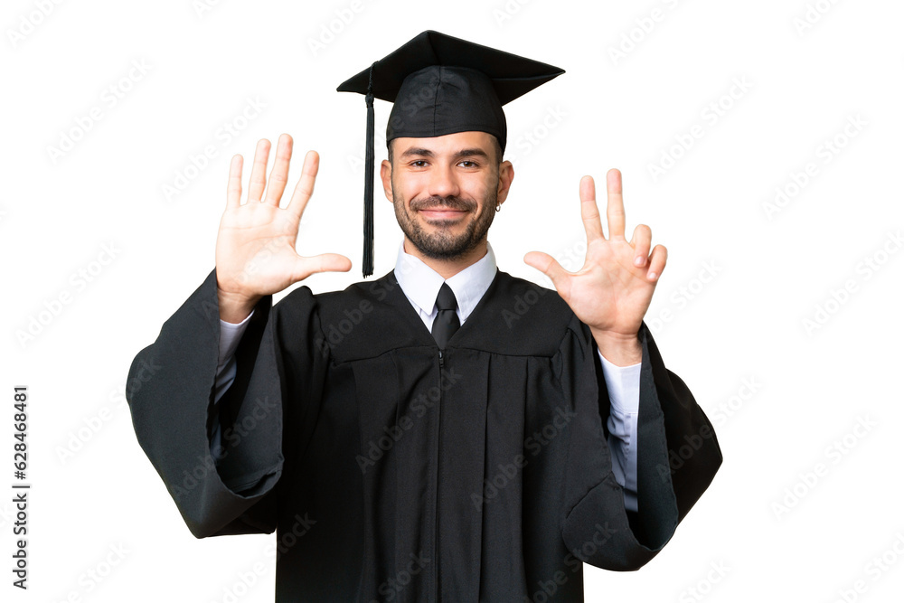 Young university graduate man over isolated chroma key background counting eight with fingers Young university graduate man over isolated chroma key background counting eight with fingers