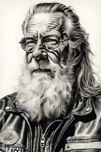 A portrait drawing of a 70 year old biker motorcycle gang member with a beard and long hair.