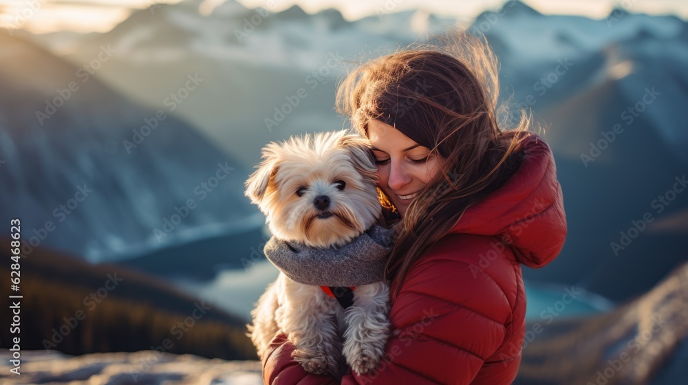 fluffy dog and woman. friendship hug with snow, lake and mountain view background. fluffy dog and woman. friendship hug with snow, lake and mountain view background.