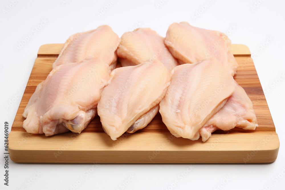 Raw chicken meat and chicken wings being placed on the cutting board. and has a white background Raw chicken meat and chicken wings being placed on the cutting board. and has a white background