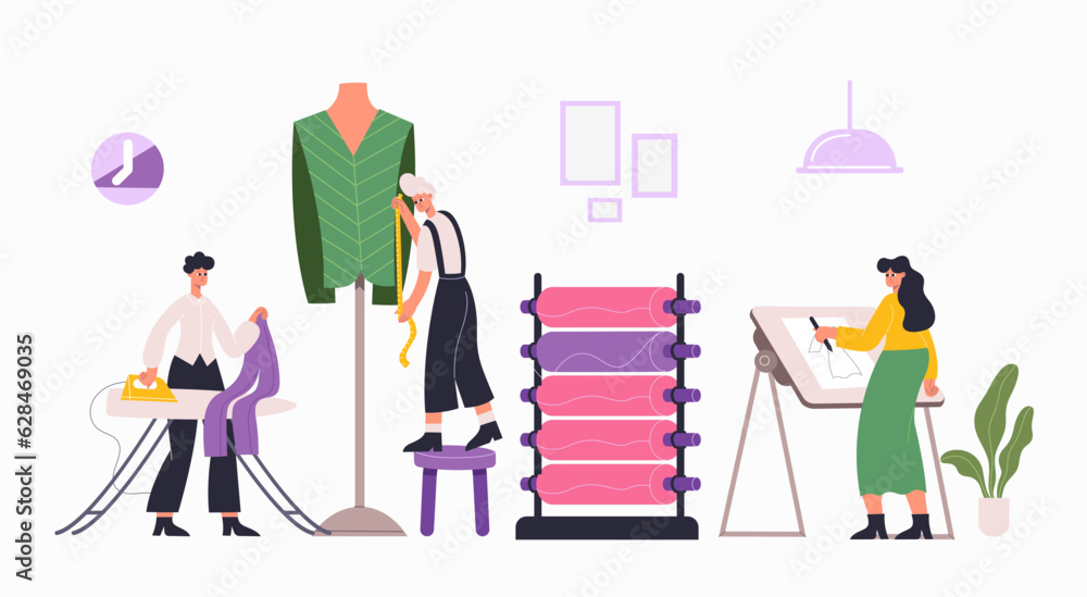 Fashion atelier workers, sewing, dressmaking workshop interior