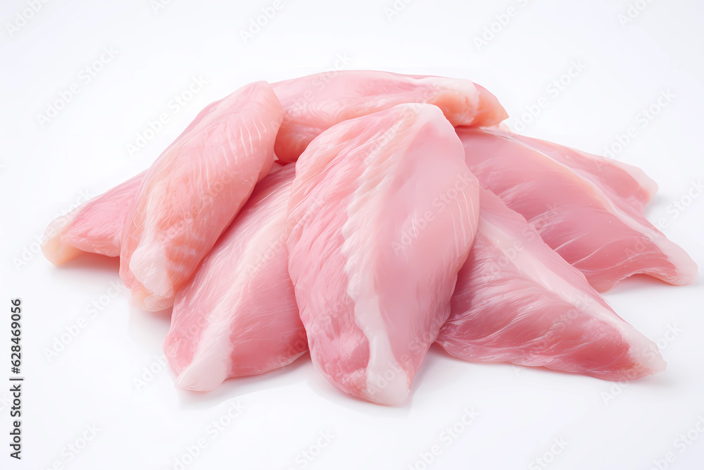 Raw chicken meat and chicken wings being placed on the cutting board. and has a white background Raw chicken meat and chicken wings being placed on the cutting board. and has a white background
