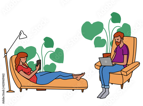 A man sits on a soft chair and surfs the Internet through a laptop. A woman is lying on a sofa and watching content through a smartphone. Vector graphic illustration.