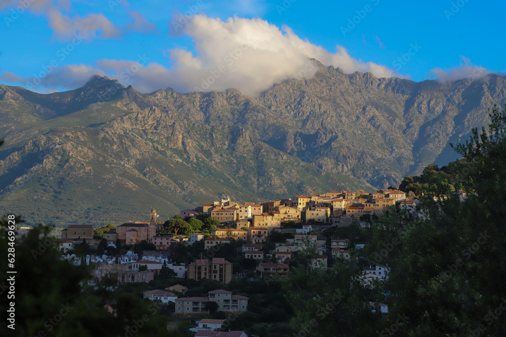 Santa Reparata  di Balagna, Balagne, Corsica, A general view, wide shot of the  village, end of the afternoon, 