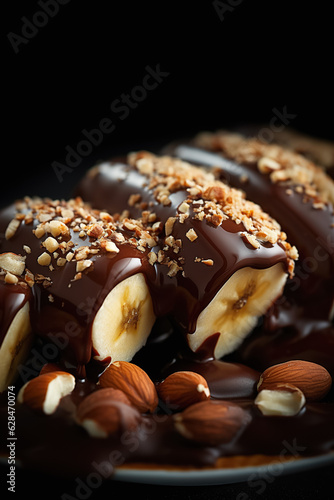 Banana Bites Drenched in Milk Chocolate and Topped with Almond Nuts on Black Background