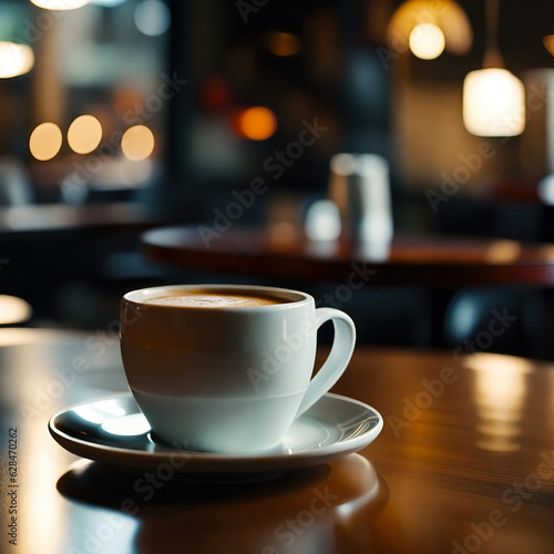 Close up of coffee cup on table in coffee shop blurry background