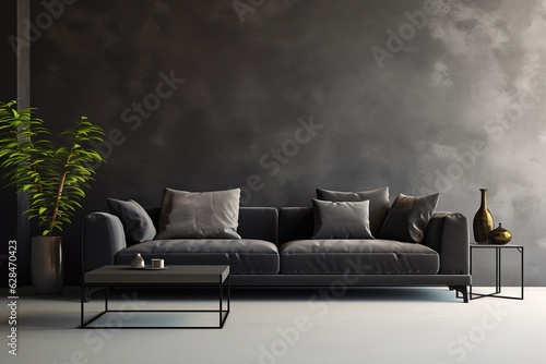 The stylish composition at living room interior with minimal design | Spacious long living room with dark design | ,Generative AI