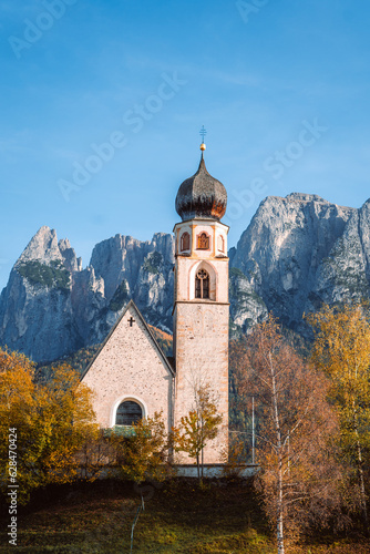 Bright photo of St. Constantine church in Dolomites  Trentino Alto Adige Italy